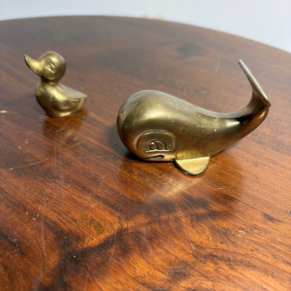 Brass Figurines Gold Swan Whale Duck Vintage MCM Animal Set Decor - Picture 4 of 6